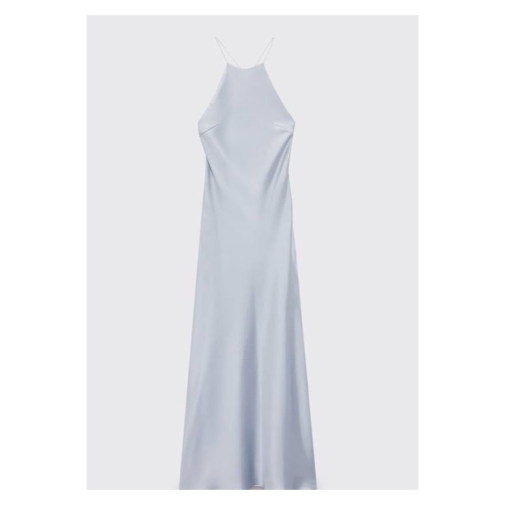 NWT Zara Light Blue Satin Slip Midi Dress Open Back Halter Size M - Picture 9 of 11
